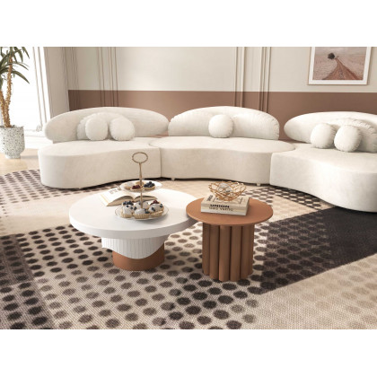HMR - Yarnic 2-Piece Round Wood Coffee Table Set with Fluted Base in White & Walnut