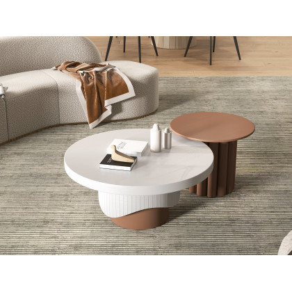 HMR - Yarnic 2-Piece Round Wood Coffee Table Set with Fluted Base in White & Walnut
