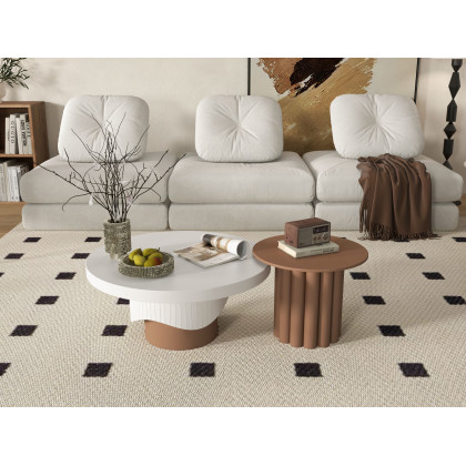 HMR - Yarnic 2-Piece Round Wood Coffee Table Set with Fluted Base in White & Walnut