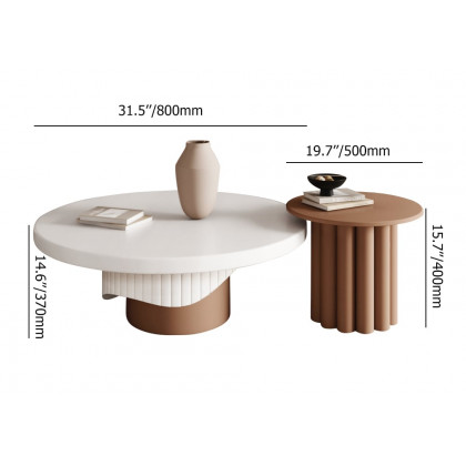 HMR - Yarnic 2-Piece Round Wood Coffee Table Set with Fluted Base in White & Walnut