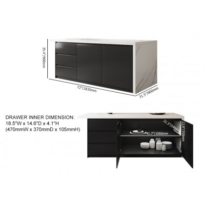 HMR Kitchen Island with Storage - White & Black, 72“/1830mm, Engineered Wood