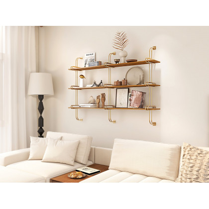 HMR Luxury 3-Tier 59" Floating Shelves Wall Shelf - Natural/Gold, MDF