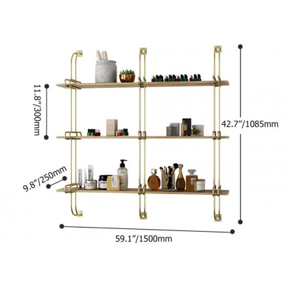 HMR Luxury 3-Tier 59" Floating Shelves Wall Shelf - Natural/Gold, MDF