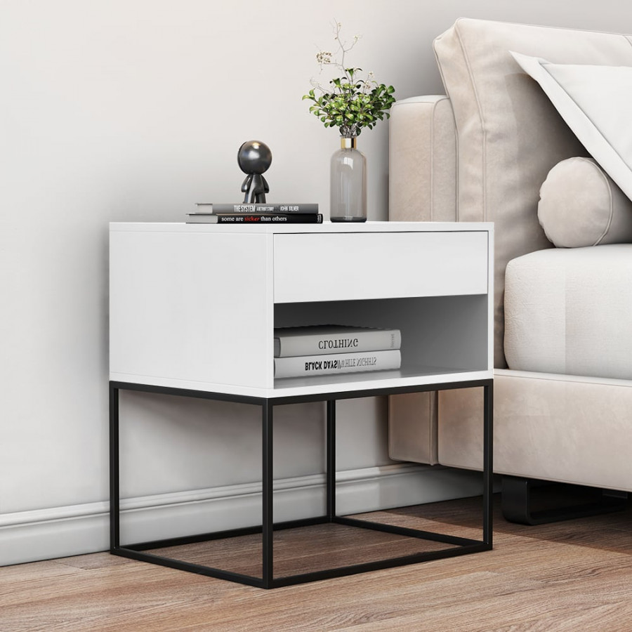 HMR Modern Nightstand with Drawer Bedside Table Metal Base - White