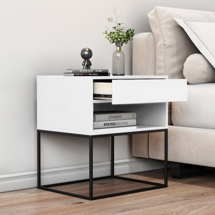 HMR Modern Nightstand with Drawer Bedside Table Metal Base - White