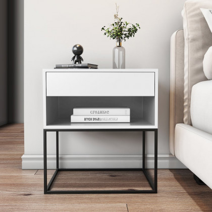 HMR Modern Nightstand with Drawer Bedside Table Metal Base - White