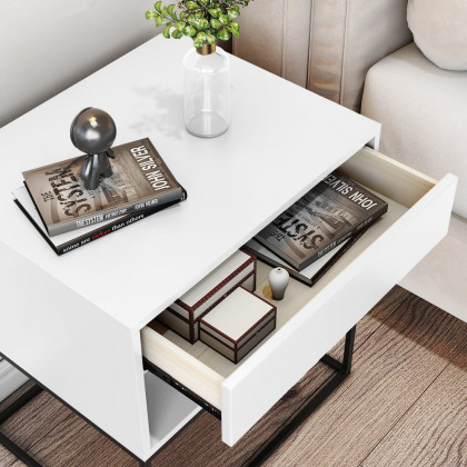 HMR Modern Nightstand with Drawer Bedside Table Metal Base - White