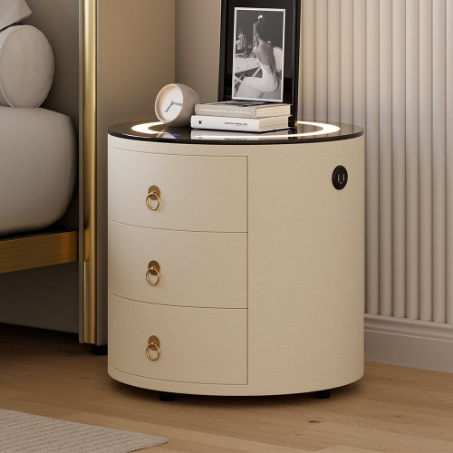 HMR Leather 3-Drawer Smart Nightstand with Light & Speaker - Off-White, Set Of 2
