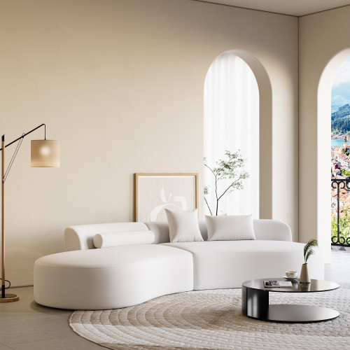 HMR 109" 2-Piece Curved Sectional Sofa with Pillows - White, Leather
