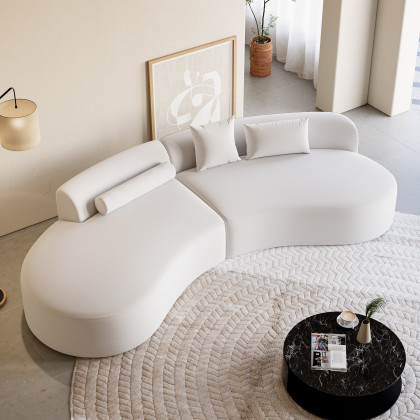 HMR 109" 2-Piece Curved Sectional Sofa with Pillows - White, Leather