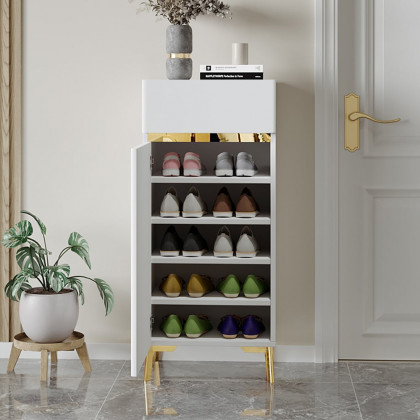 HMR - White Tall Shoe Cabinet with 5 Shelves for 10 Pairs Shoes Narrow Entryway Shoe Storage
