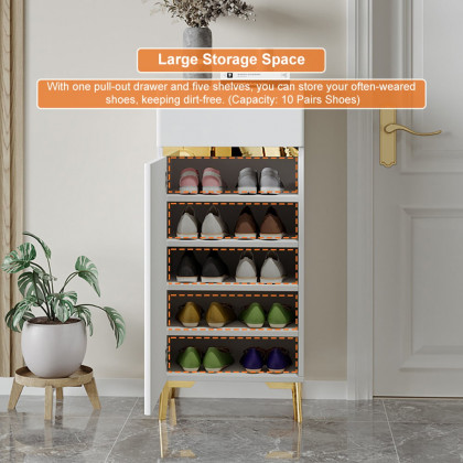 HMR - White Tall Shoe Cabinet with 5 Shelves for 10 Pairs Shoes Narrow Entryway Shoe Storage