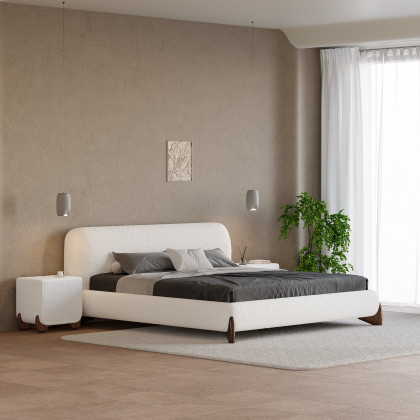 HMR Modern White Boucle Platform Bed & 2 Smart Boucle Nightstand Style B - White, King, 2 Drawers