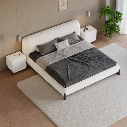 HMR Modern White Boucle Platform Bed & 2 Smart Boucle Nightstand Style B - White, King, 2 Drawers