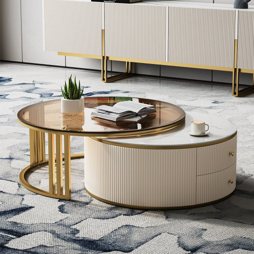 HMR Grovyn Round Sintered Stone Glass Nesting Coffee Table Set (28"-32") - Off-White