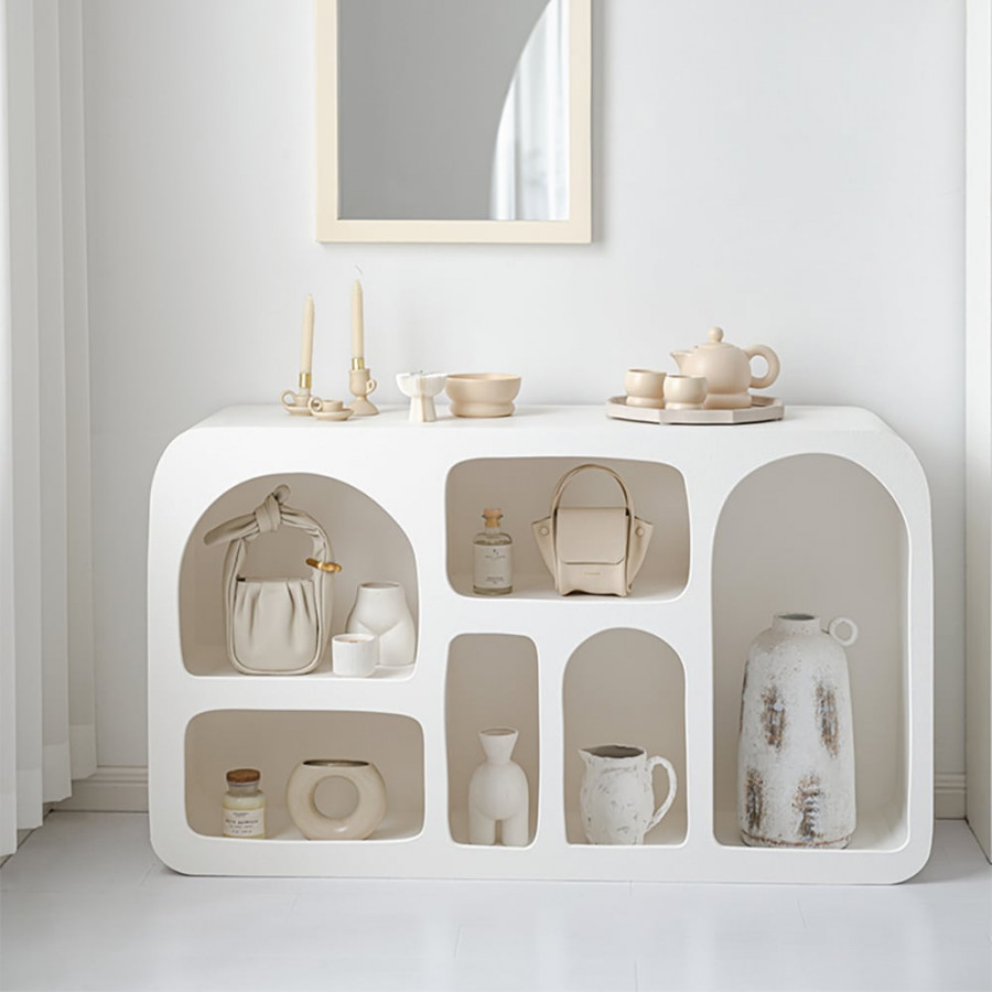 HMR - Codiys Art Deco Storage Japandi Console Table White Arched Shelves Entryway Cabinet