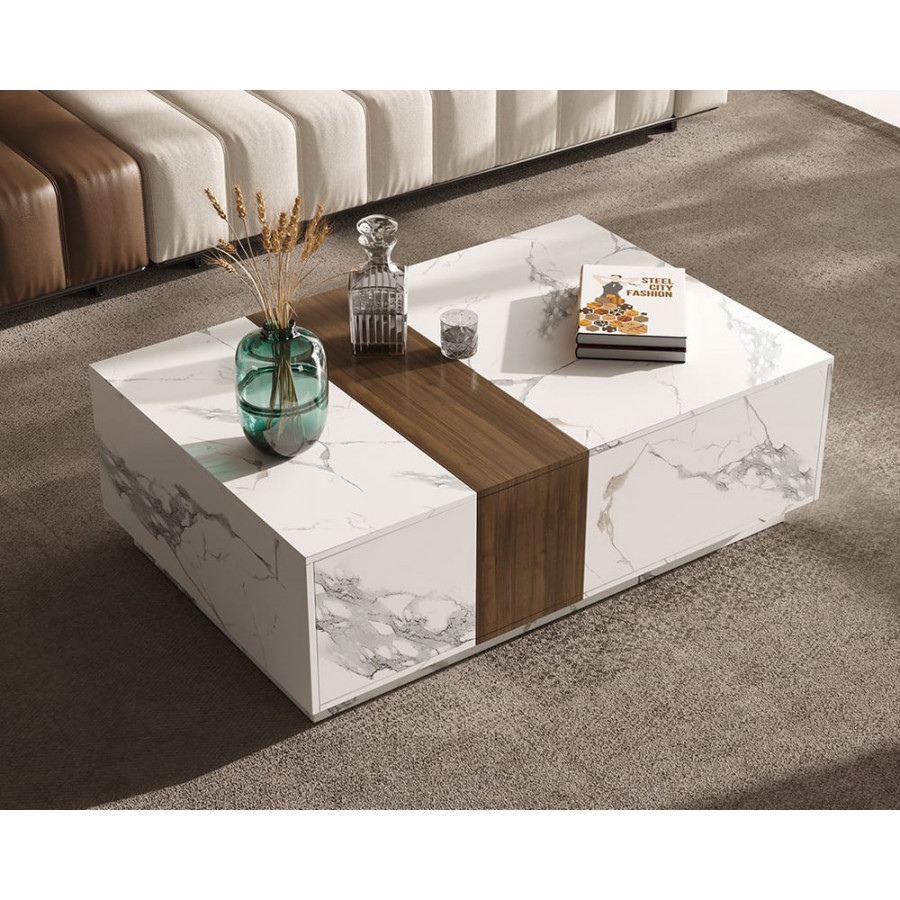 HMR Vewal 47.2" Marble & Walnut Veneer Block Coffee Table with 2 Drawers - White & Walnut