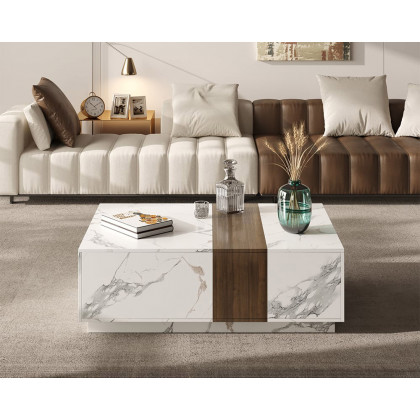 HMR Vewal 47.2" Marble & Walnut Veneer Block Coffee Table with 2 Drawers - White & Walnut