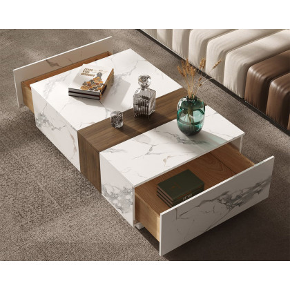 HMR Vewal 47.2" Marble & Walnut Veneer Block Coffee Table with 2 Drawers - White & Walnut