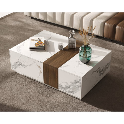 HMR Vewal 47.2" Marble & Walnut Veneer Block Coffee Table with 2 Drawers - White & Walnut