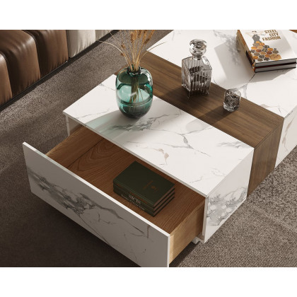 HMR Vewal 47.2" Marble & Walnut Veneer Block Coffee Table with 2 Drawers - White & Walnut