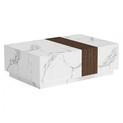 HMR Vewal 47.2" Marble & Walnut Veneer Block Coffee Table with 2 Drawers - White & Walnut