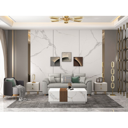 HMR Vewal 47.2" Marble & Walnut Veneer Block Coffee Table with 2 Drawers - White & Walnut