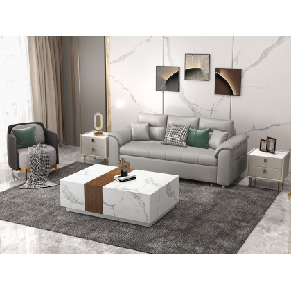 HMR Vewal 47.2" Marble & Walnut Veneer Block Coffee Table with 2 Drawers - White & Walnut