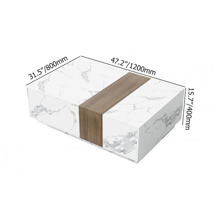 HMR Vewal 47.2" Marble & Walnut Veneer Block Coffee Table with 2 Drawers - White & Walnut