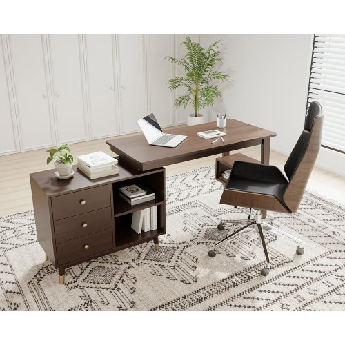 HMR - Ultic L Shaped Home Office Desk & Faux Leather Office Chair Set with Wheels