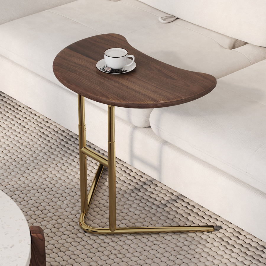HMR - Walnut & Gold C-shaped Lift Top Adjustable Side Table