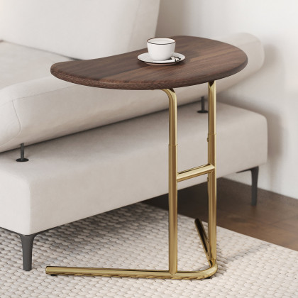 HMR - Walnut & Gold C-shaped Lift Top Adjustable Side Table