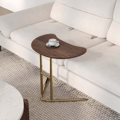 HMR - Walnut & Gold C-shaped Lift Top Adjustable Side Table