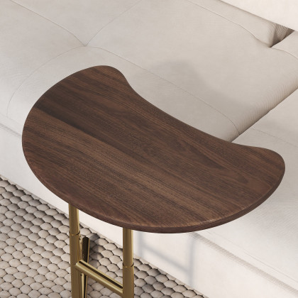 HMR - Walnut & Gold C-shaped Lift Top Adjustable Side Table