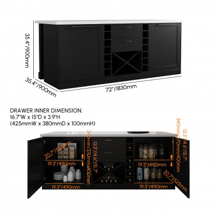 HMR 72'' Modern Kitchen lsland with Wine Storage - Black, Sintered Stone