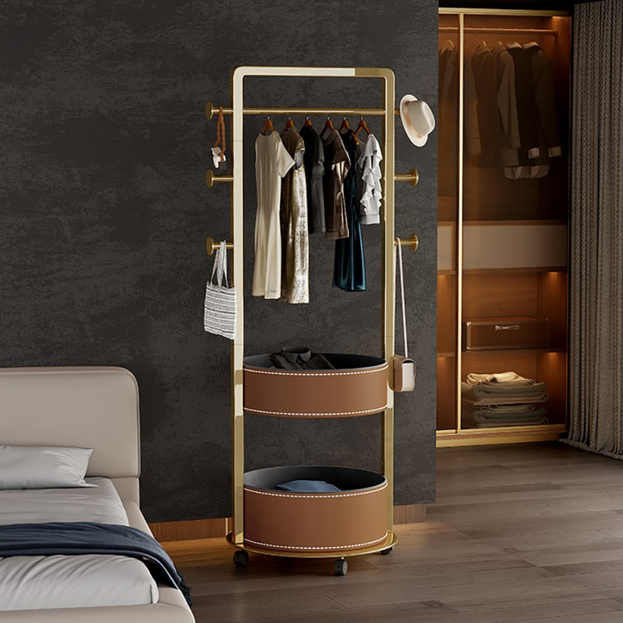 HMR - Coat Rack Stand with 2 Trays Saddle Leather Hall Tree