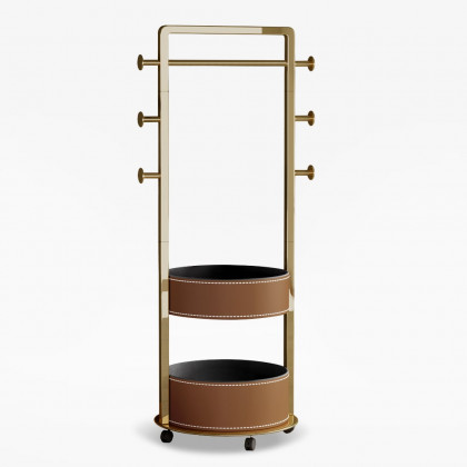HMR - Coat Rack Stand with 2 Trays Saddle Leather Hall Tree