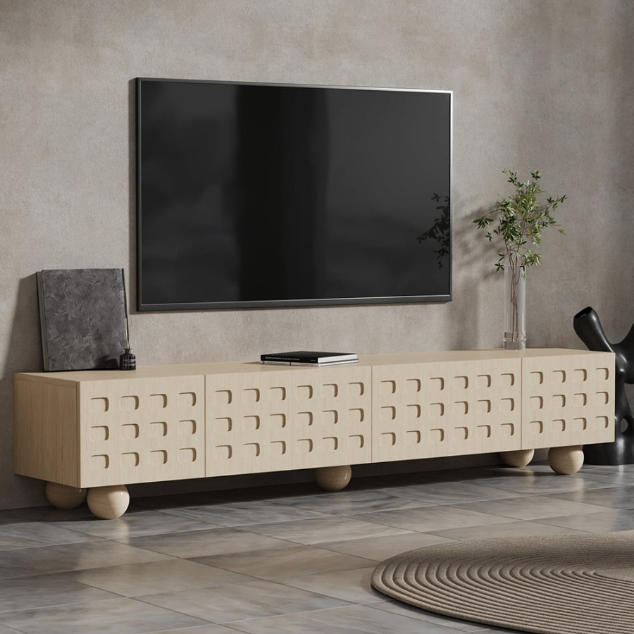 HMR - 78.7" Whitewash Wood TV Stand with Storage Wabi-Sabi 4 Cabinets Round Legs TV up to 80"