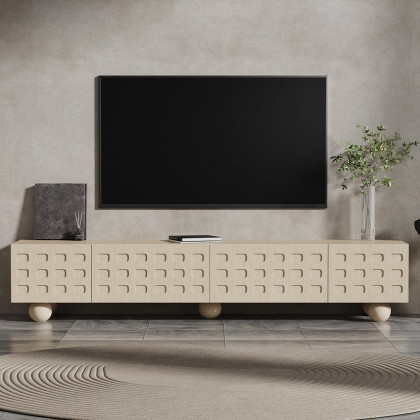 HMR - 78.7" Whitewash Wood TV Stand with Storage Wabi-Sabi 4 Cabinets Round Legs TV up to 80"