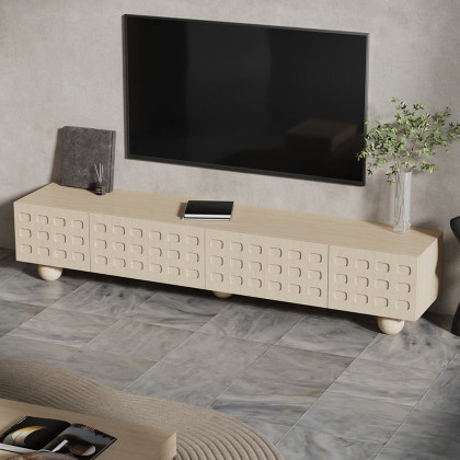 HMR - 78.7" Whitewash Wood TV Stand with Storage Wabi-Sabi 4 Cabinets Round Legs TV up to 80"
