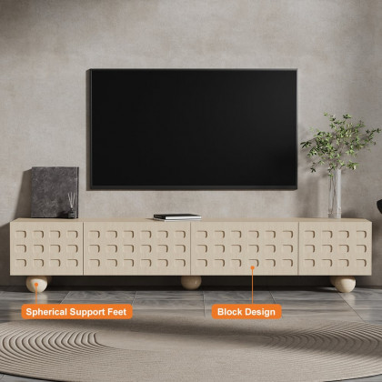HMR - 78.7" Whitewash Wood TV Stand with Storage Wabi-Sabi 4 Cabinets Round Legs TV up to 80"