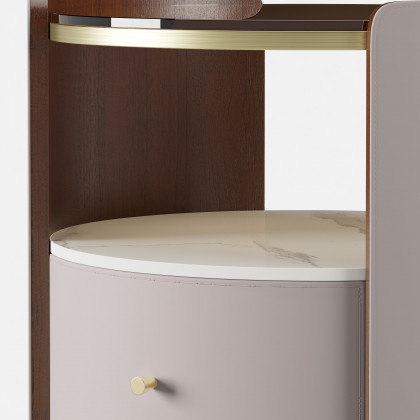 HMR Modern Round Leather Nightstand with Glass Top & Sintered Stone Bedside with Shelf - Gray, Set Of 2
