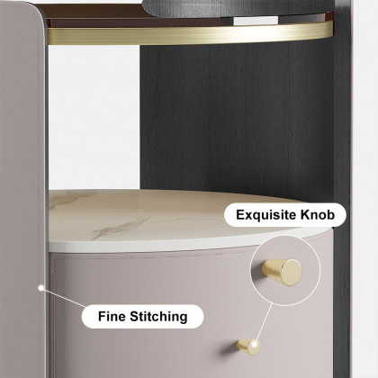 HMR Modern Round Leather Nightstand with Glass Top & Sintered Stone Bedside with Shelf - Gray, Set Of 2