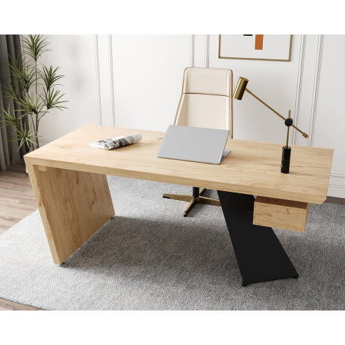 HMR Industrial Wooden Writing Desk & Leather Office Chair Set - Natural, 55.1"L x 27.6"W x 29.5"H