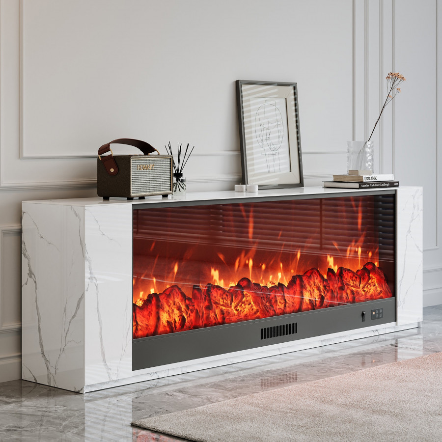 HMR Electric Fireplace TV Stand with Remote Control - White, Sintered Stone, 70.9"W×12.6"D×23.6"H
