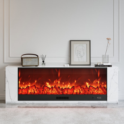 HMR Electric Fireplace TV Stand with Remote Control - White, Sintered Stone, 70.9"W×12.6"D×23.6"H
