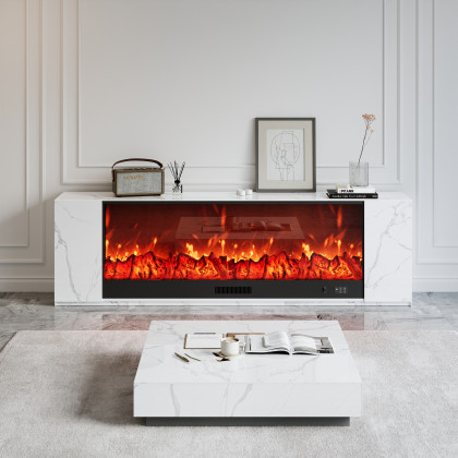 HMR Electric Fireplace TV Stand with Remote Control - White, Sintered Stone, 70.9"W×12.6"D×23.6"H