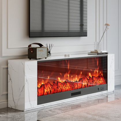 HMR Electric Fireplace TV Stand with Remote Control - White, Sintered Stone, 70.9"W×12.6"D×23.6"H
