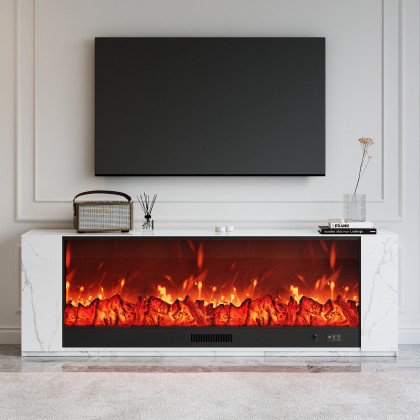 HMR Electric Fireplace TV Stand with Remote Control - White, Sintered Stone, 70.9"W×12.6"D×23.6"H