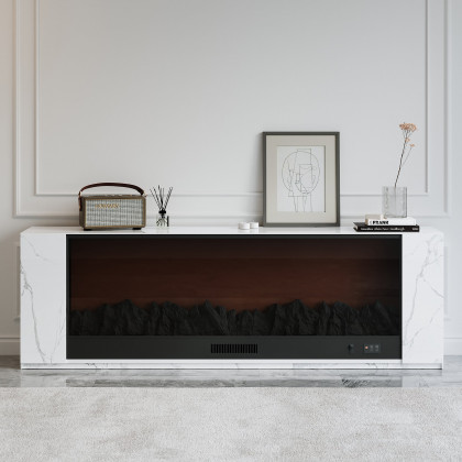 HMR Electric Fireplace TV Stand with Remote Control - White, Sintered Stone, 70.9"W×12.6"D×23.6"H